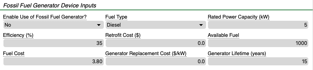 Fossil Fuel Generator Inputs